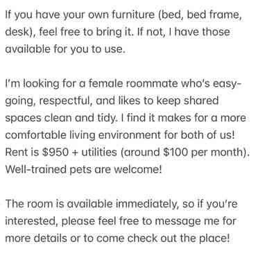 Seeking roommate Lakewood area