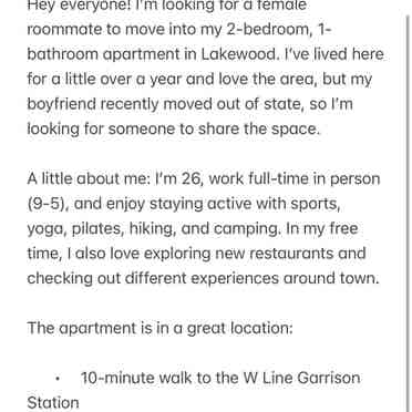 Seeking roommate Lakewood area