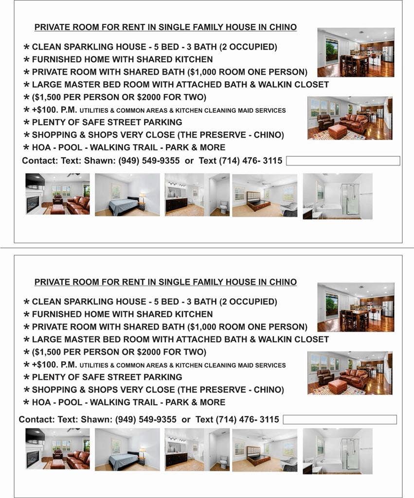 Rooms available for rent in Chino