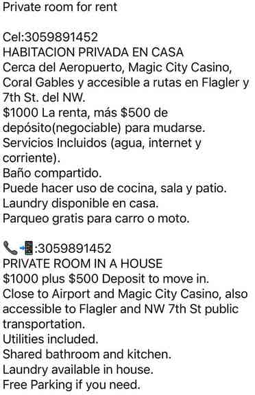 Furniture private room for rent
