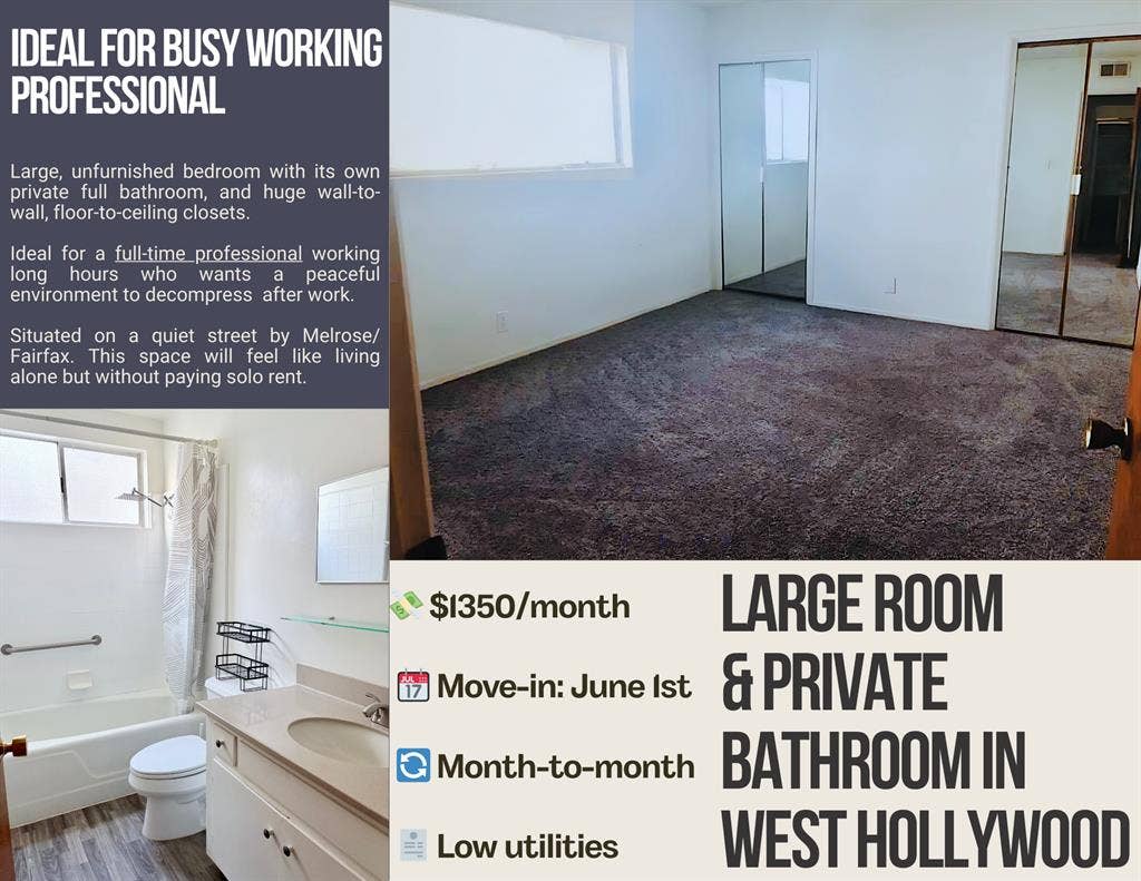Large unfurnished room+PRIVATE bath