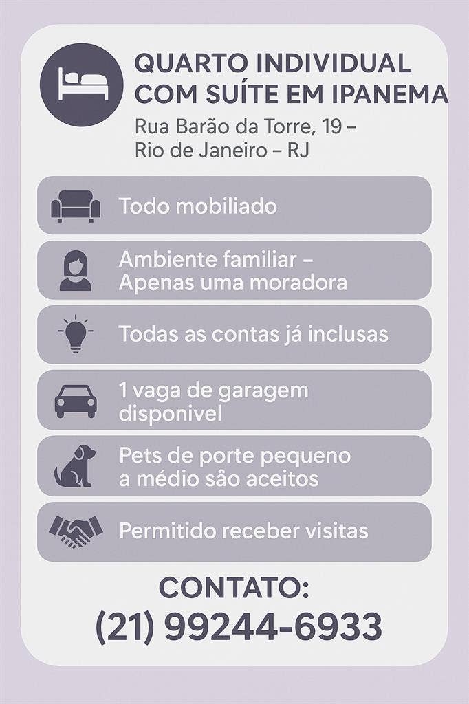 Quarto individual c suíte mobiliado