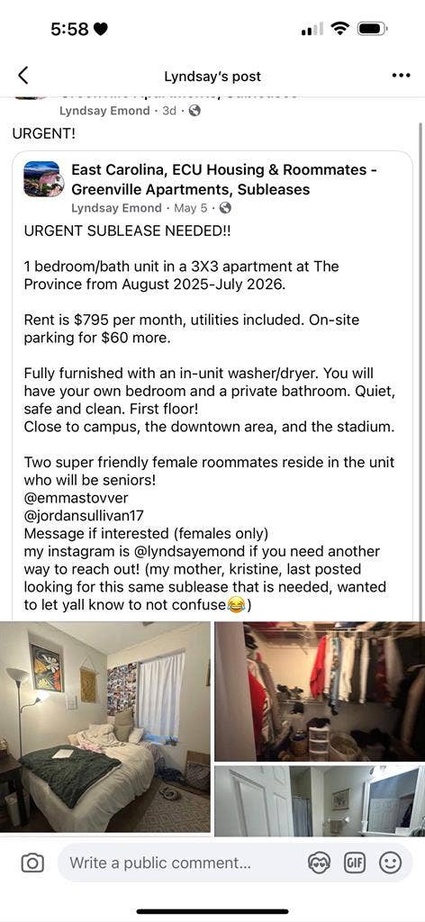 URGENT SUBLEASE! WILL PAY 1ST MONTH