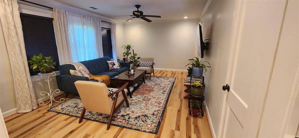 A cozy garden-view bedroom