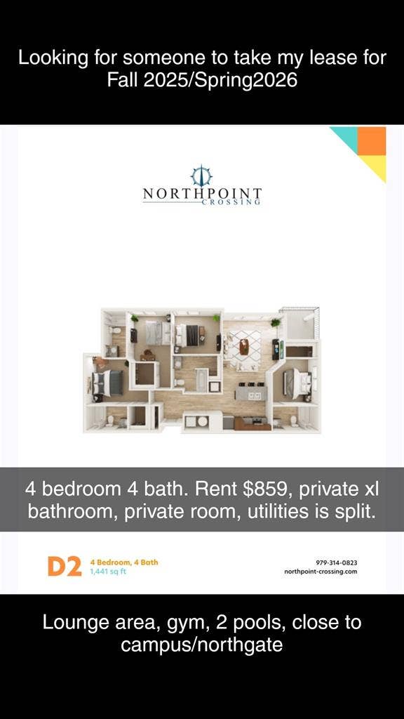 Private room and bathroom for lease