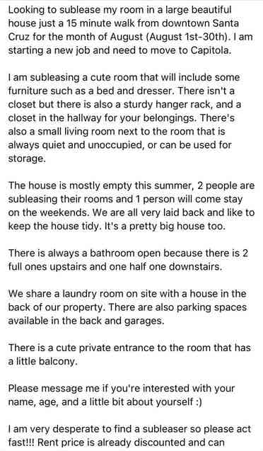 Subleasing Private Room for August