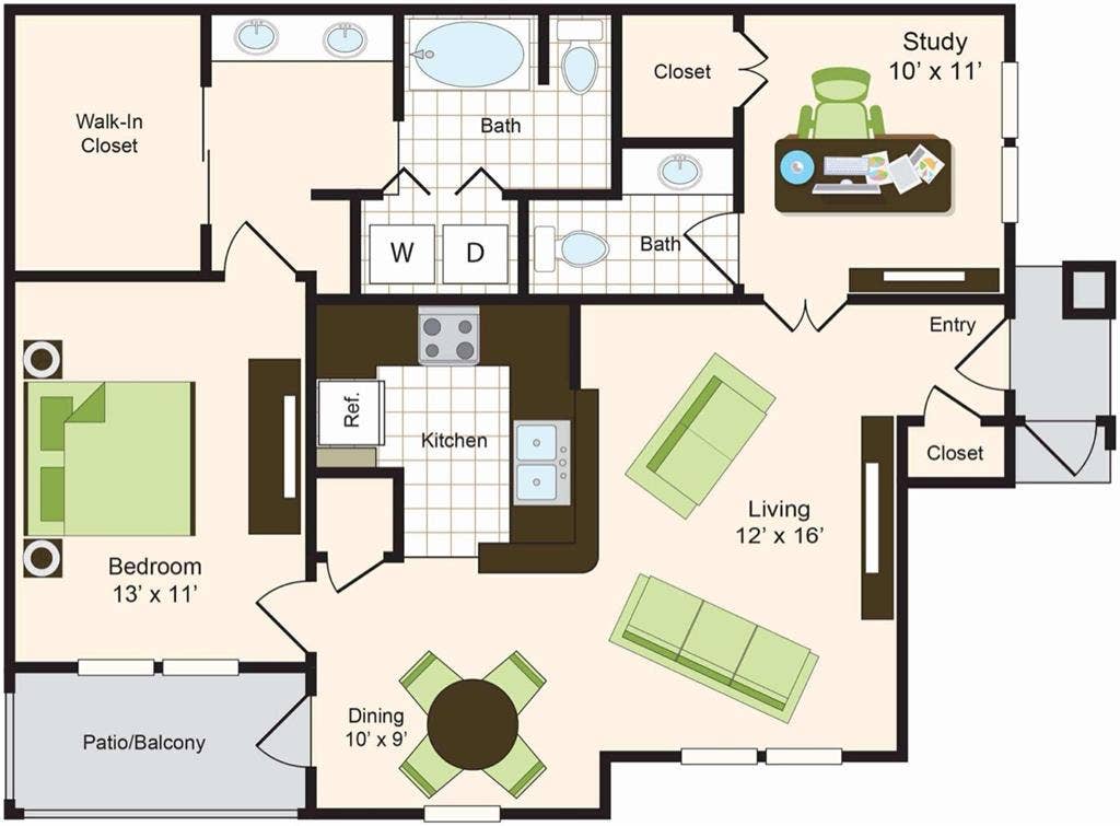 One bed + Study with  bath