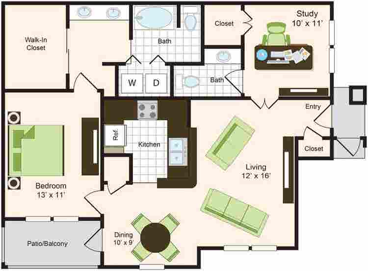 One bed + Study with  bath