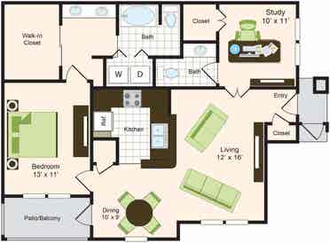 One bed + Study with  bath