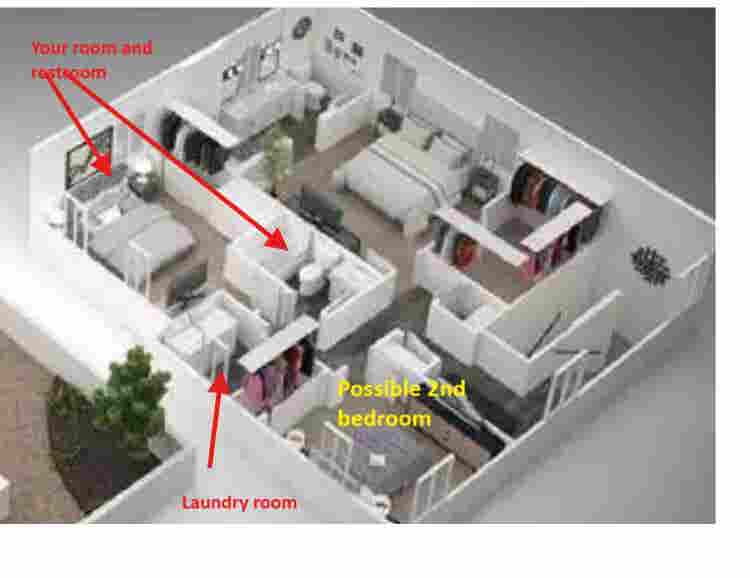 A room, bathroom and a parking spot