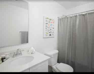 A room, bathroom and a parking spot