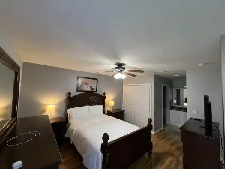 A master bedroom with a bathroom