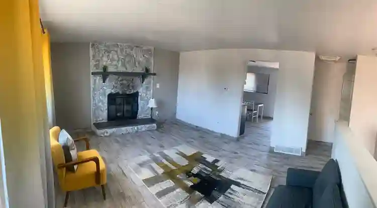 Main level room view of waterfall