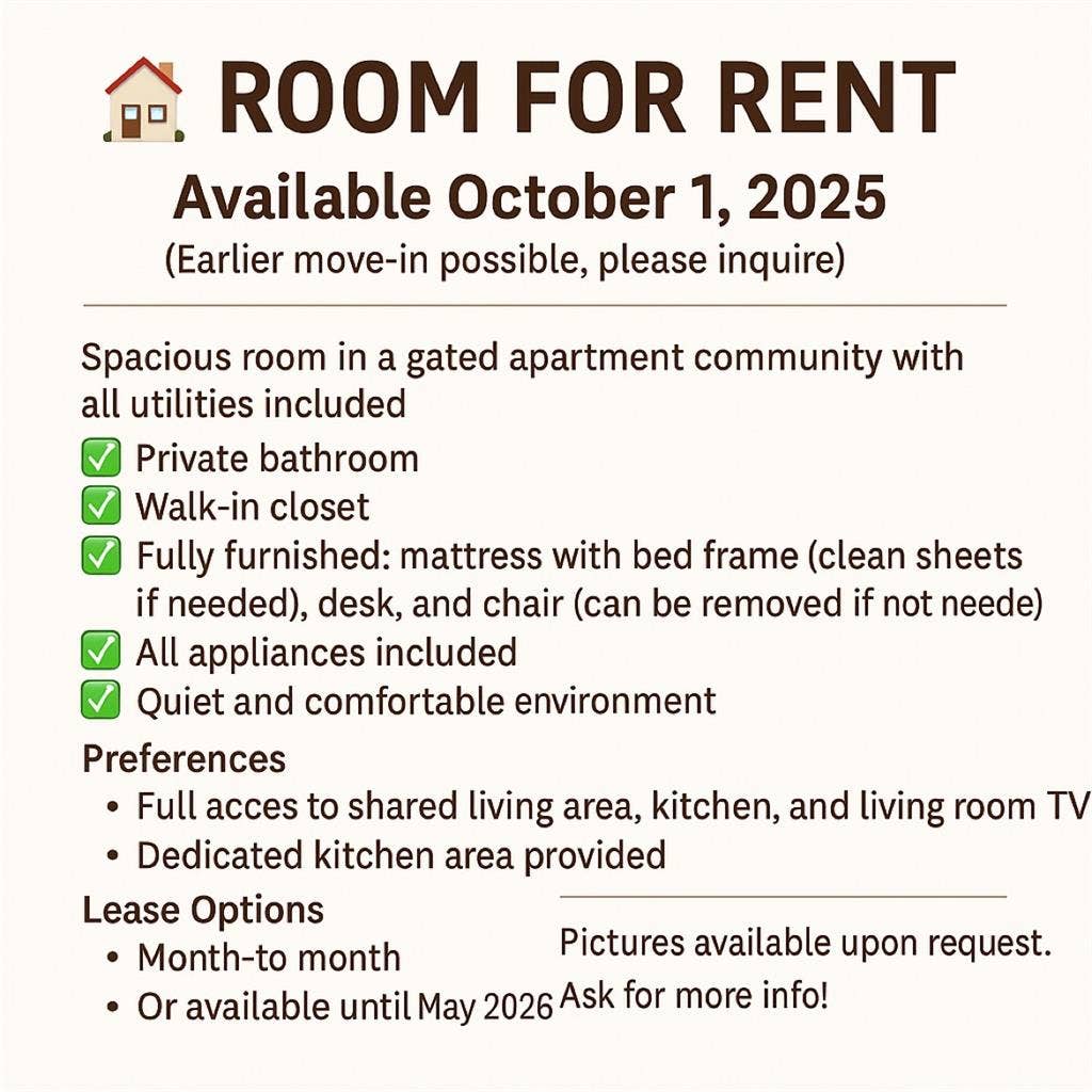 Fully furnished room and bathroom