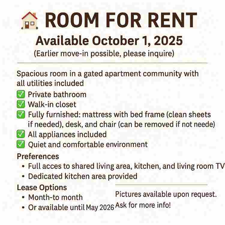 Fully furnished room and bathroom