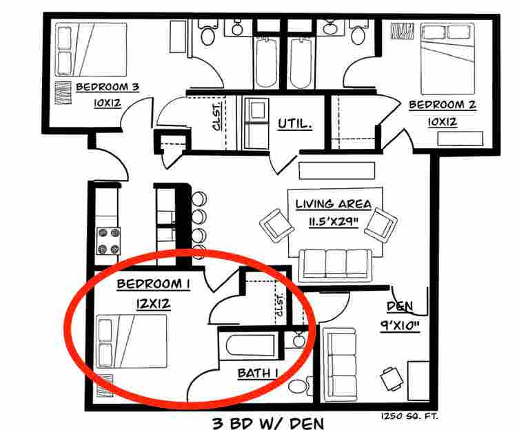 Sublease Bedroom. (3BR/BA W Den)