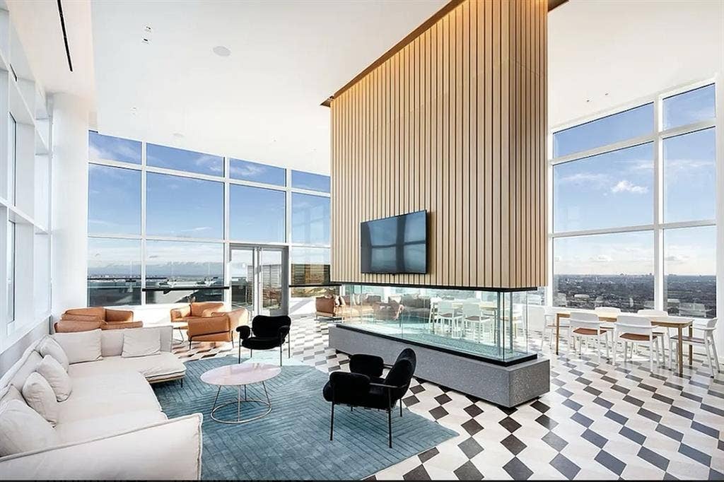 Bright room with skyline views
