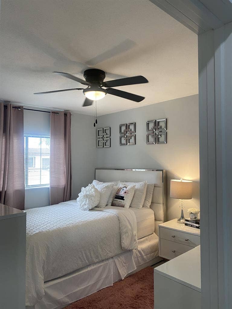 furnished bedroom, shared bathroom