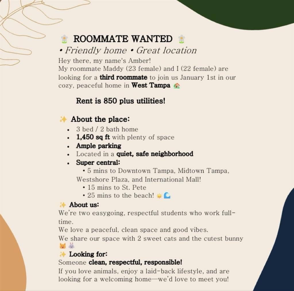 Looking for roommate in Tampa!!