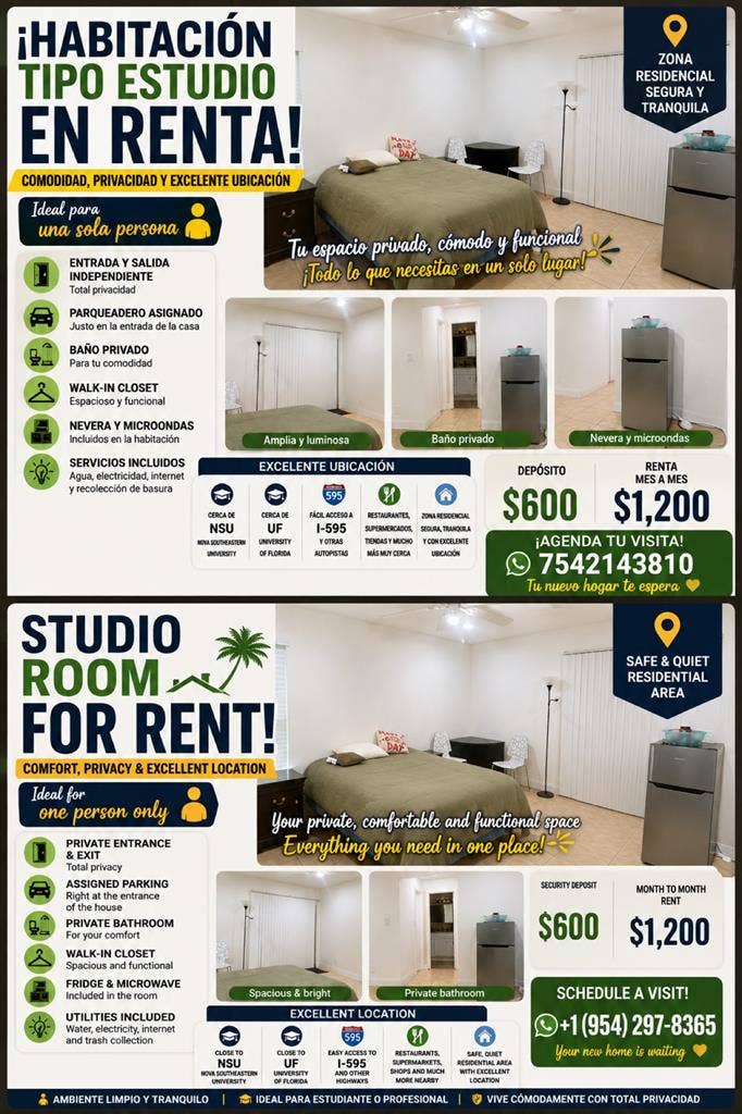 Private studio for rent $1200