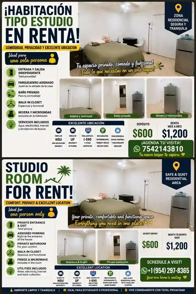 Private studio for rent $1200