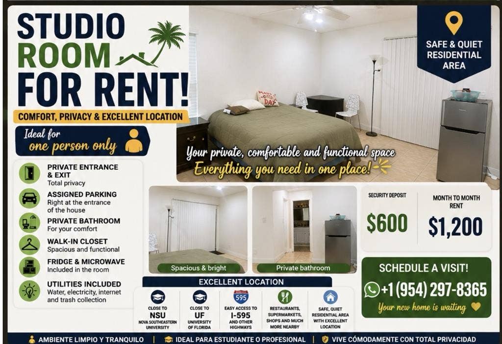 Private studio for rent $1200