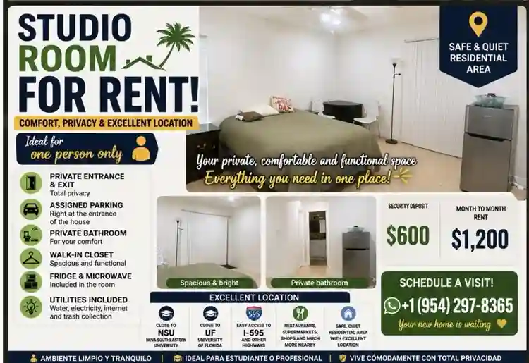 Private studio for rent $1200