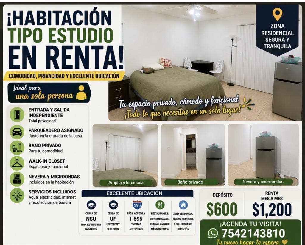 Private studio for rent $1200