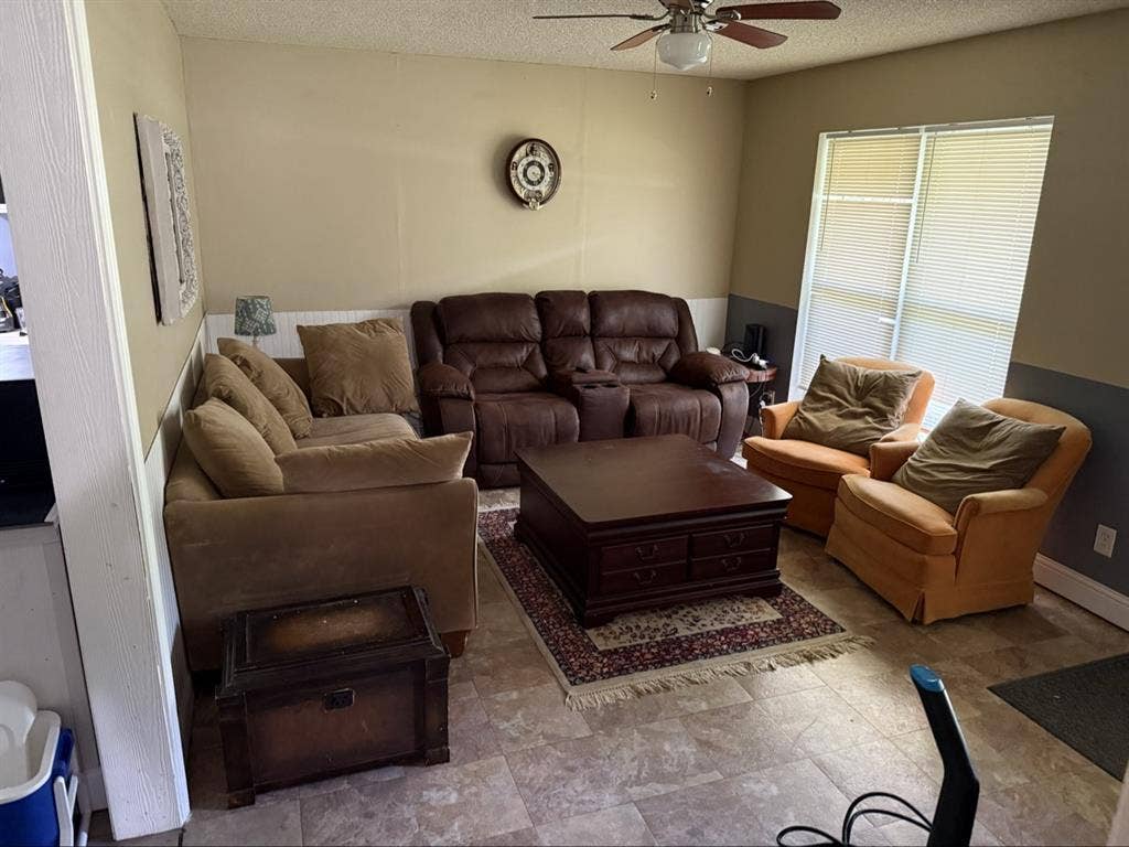 Master bedroom in  brick house.