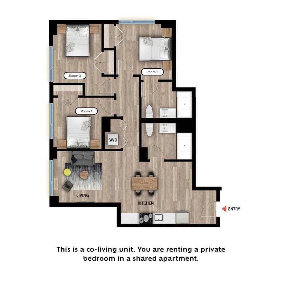 Private Bedroom in 3 Bed Co-Living