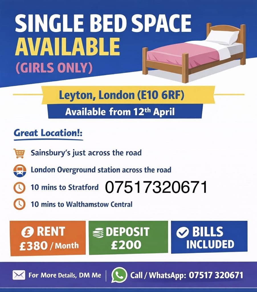 One bed space available for girl