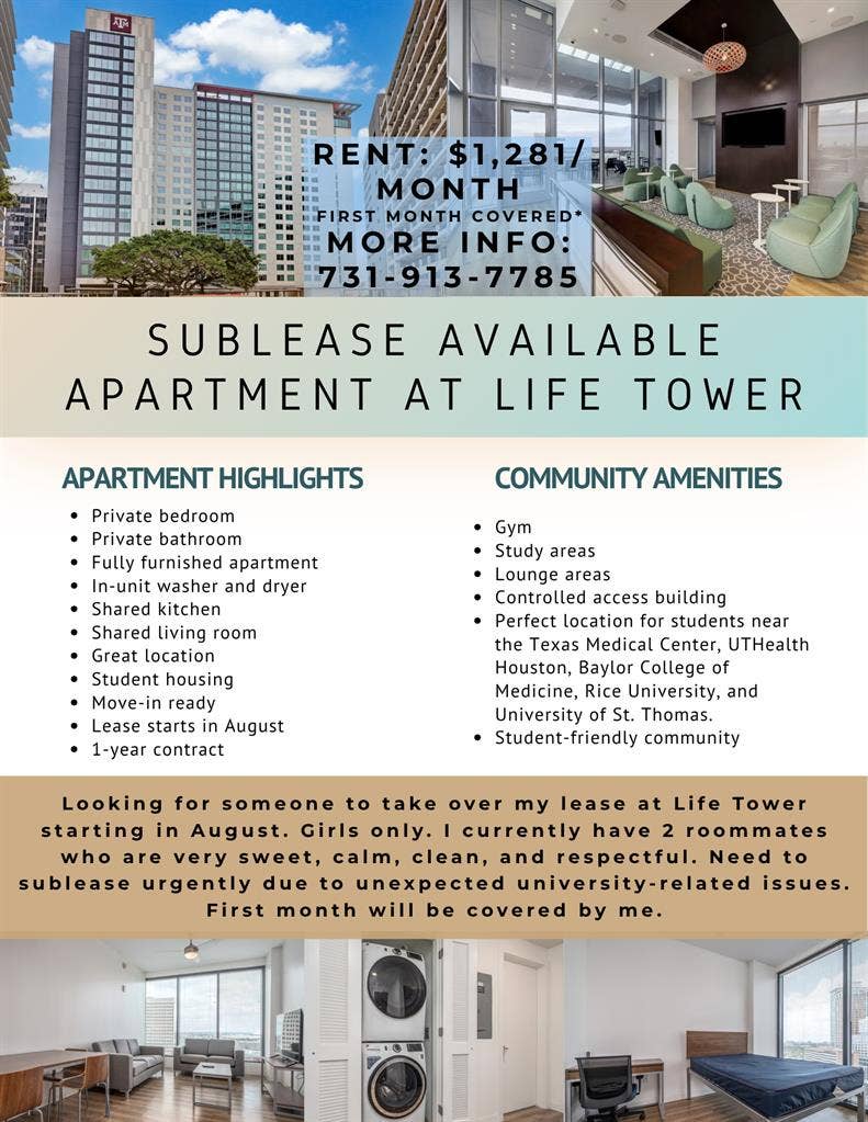 Sublease of a room in life tower