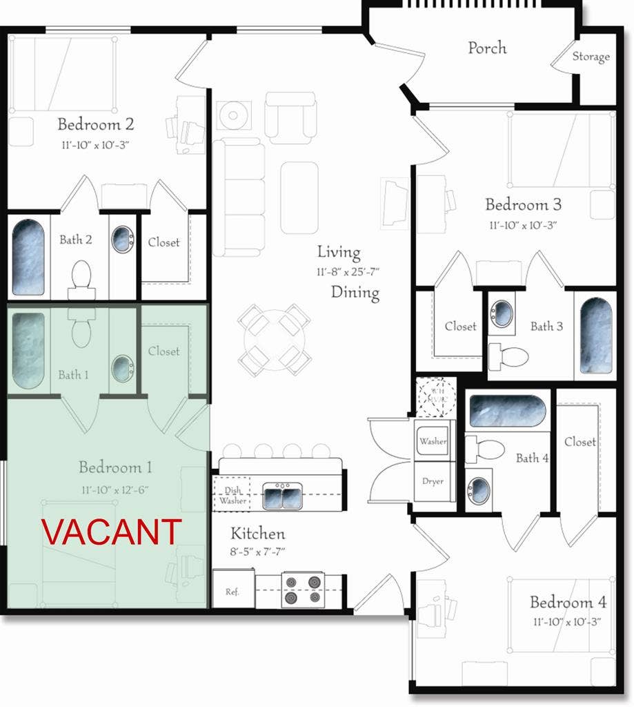 BEDROOM+PRIVATE BATH IN 4/4 CONDO