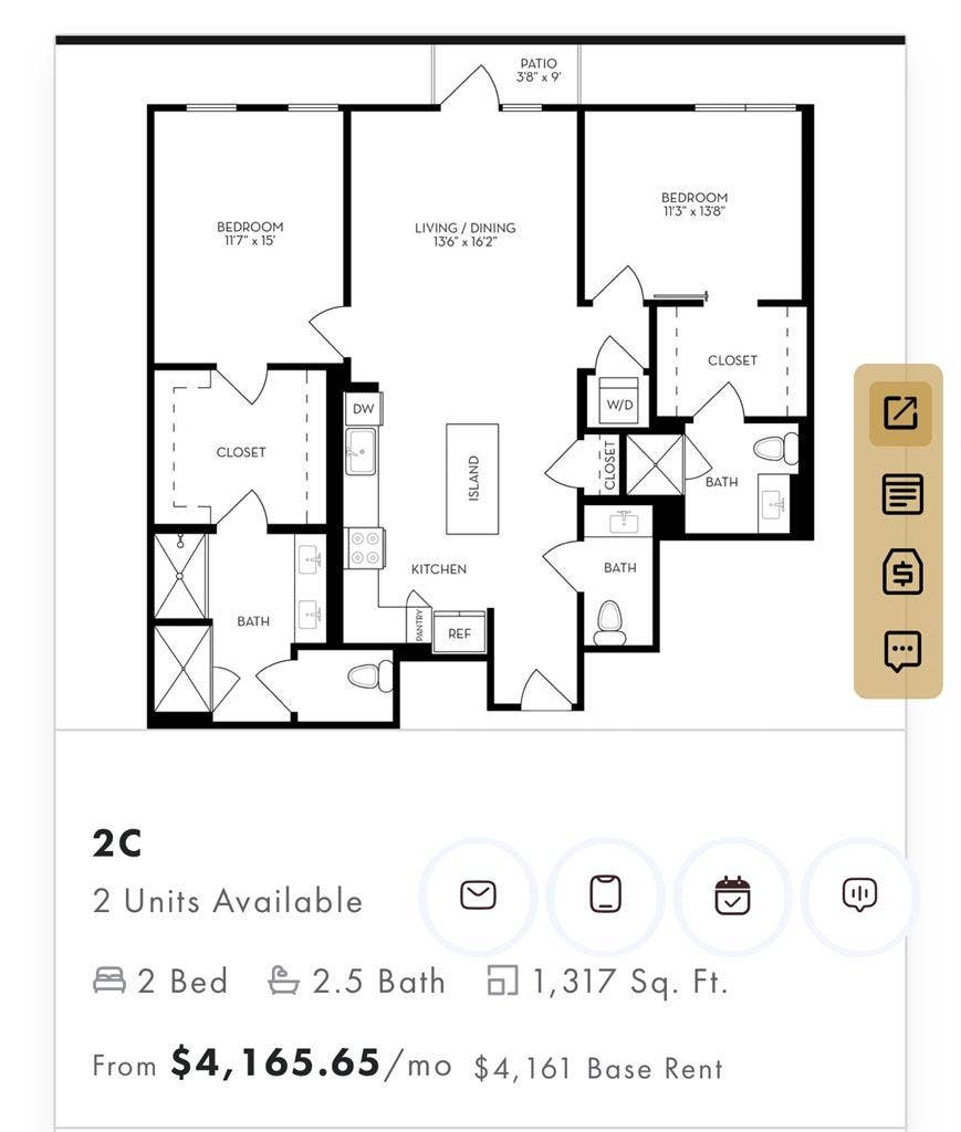2 bed, 2.5 bath