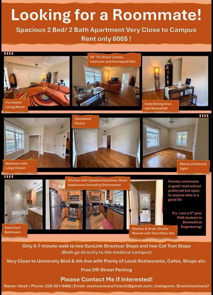 $800 2x2 apt one block from UA!