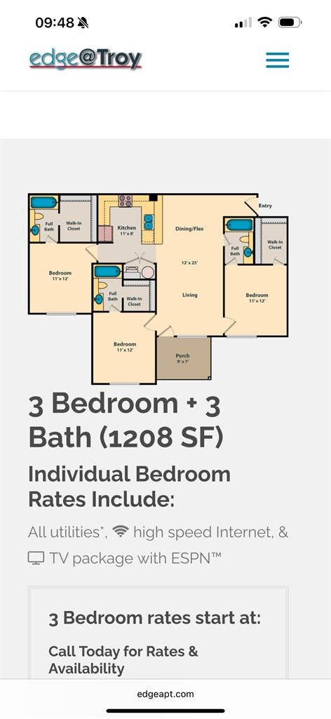 1 Bedroom & Private bath in 3 bed