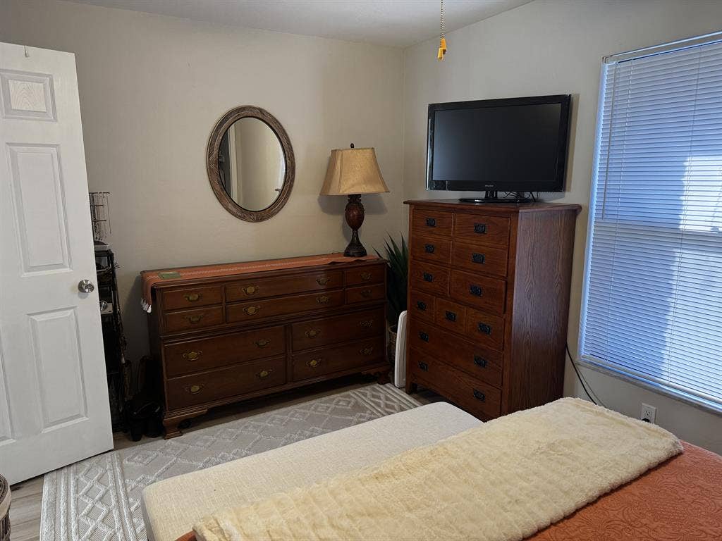 furnished bedroom and bathroom.
