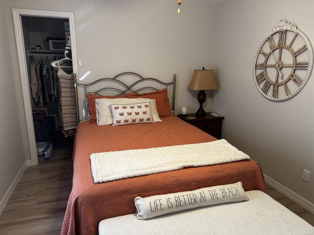 furnished bedroom and bathroom.