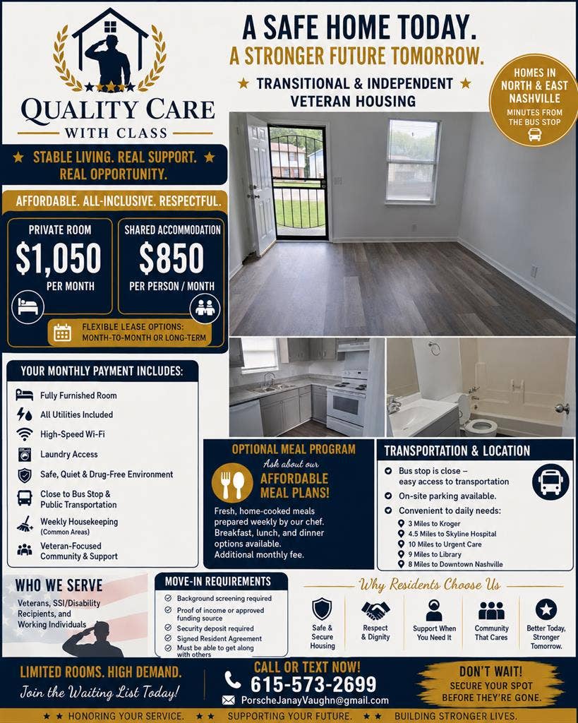 Furnished Room for Vets & Workers