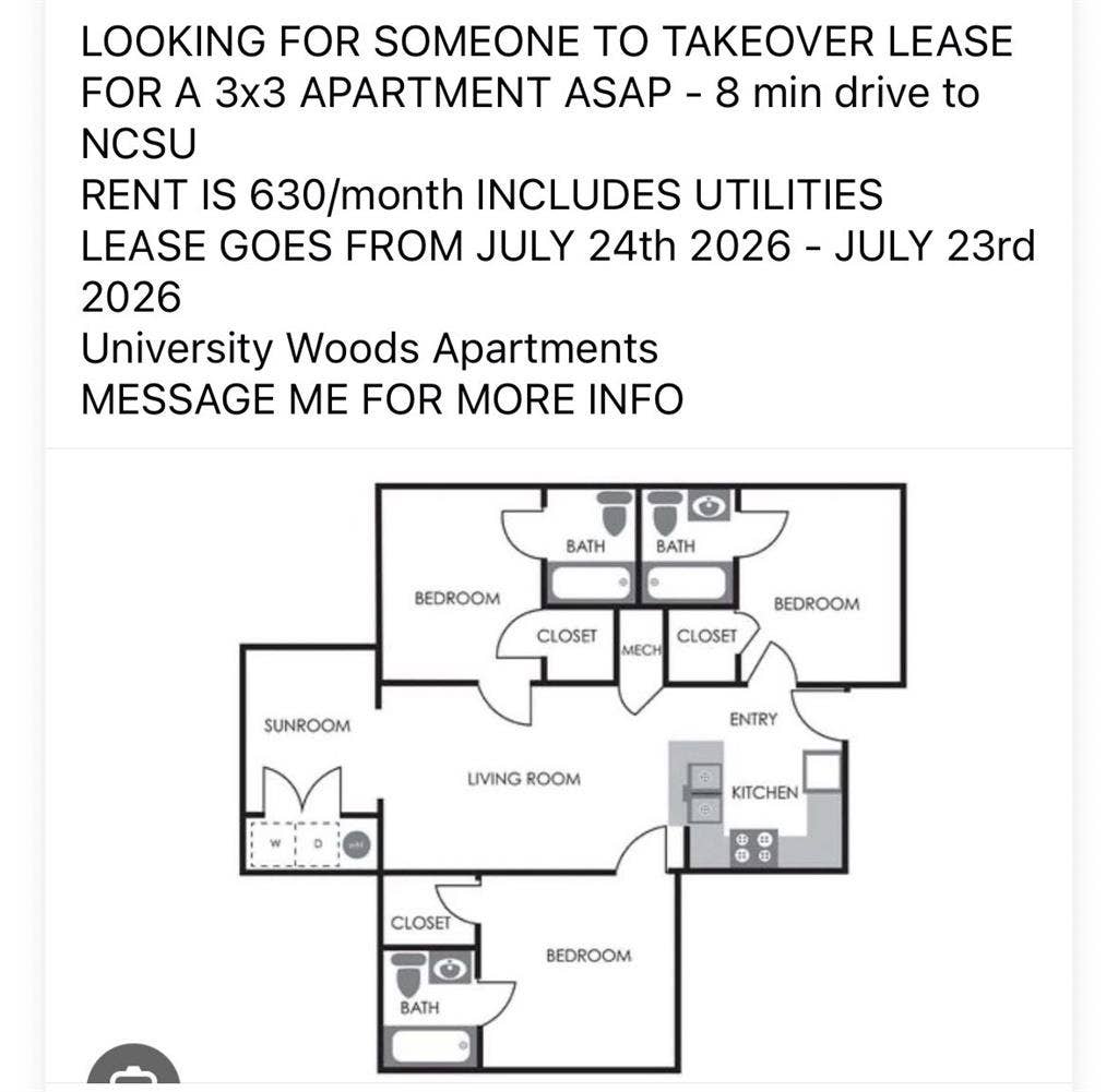 LEASE TAKEOVER FOR 3x3 APARTMENT NC