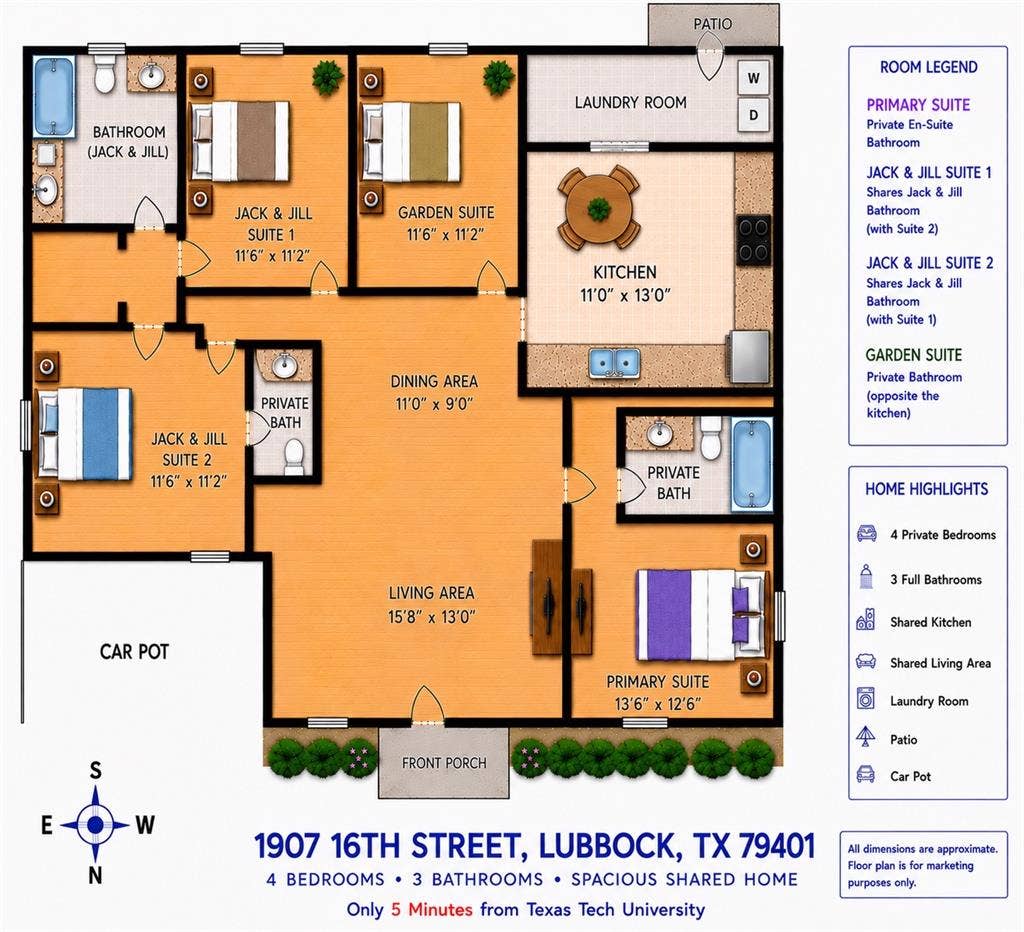 4BR Shared Home Near TTU