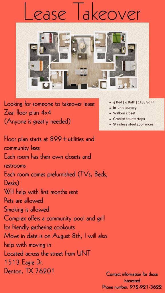 Looking to relet my lease 2 someone