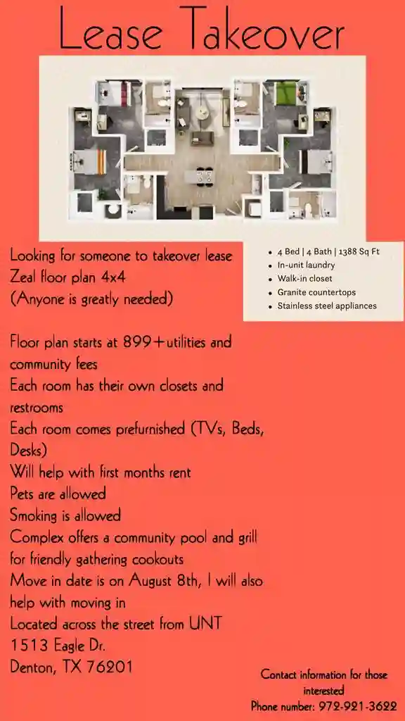 Looking to relet my lease 2 someone