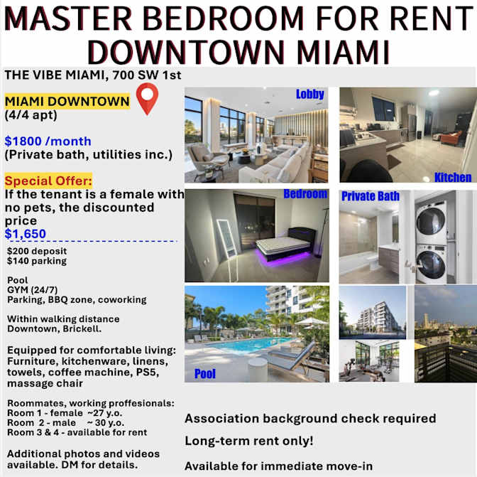 Master Bedroom own bath, DT Miami