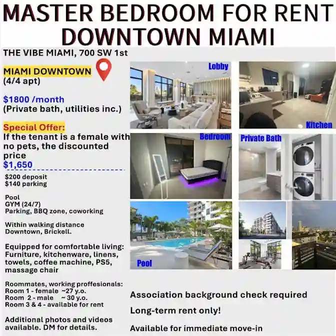 Master Bedroom own bath, DT Miami