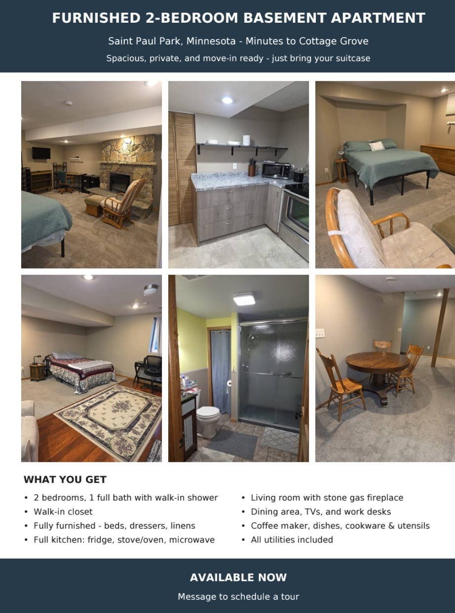 Furnished 2BR basement apartment