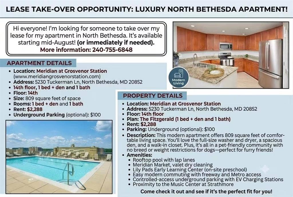 Sublet opportunity- North Bethesda