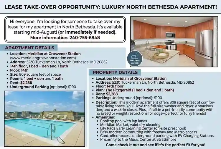Sublet opportunity- North Bethesda
